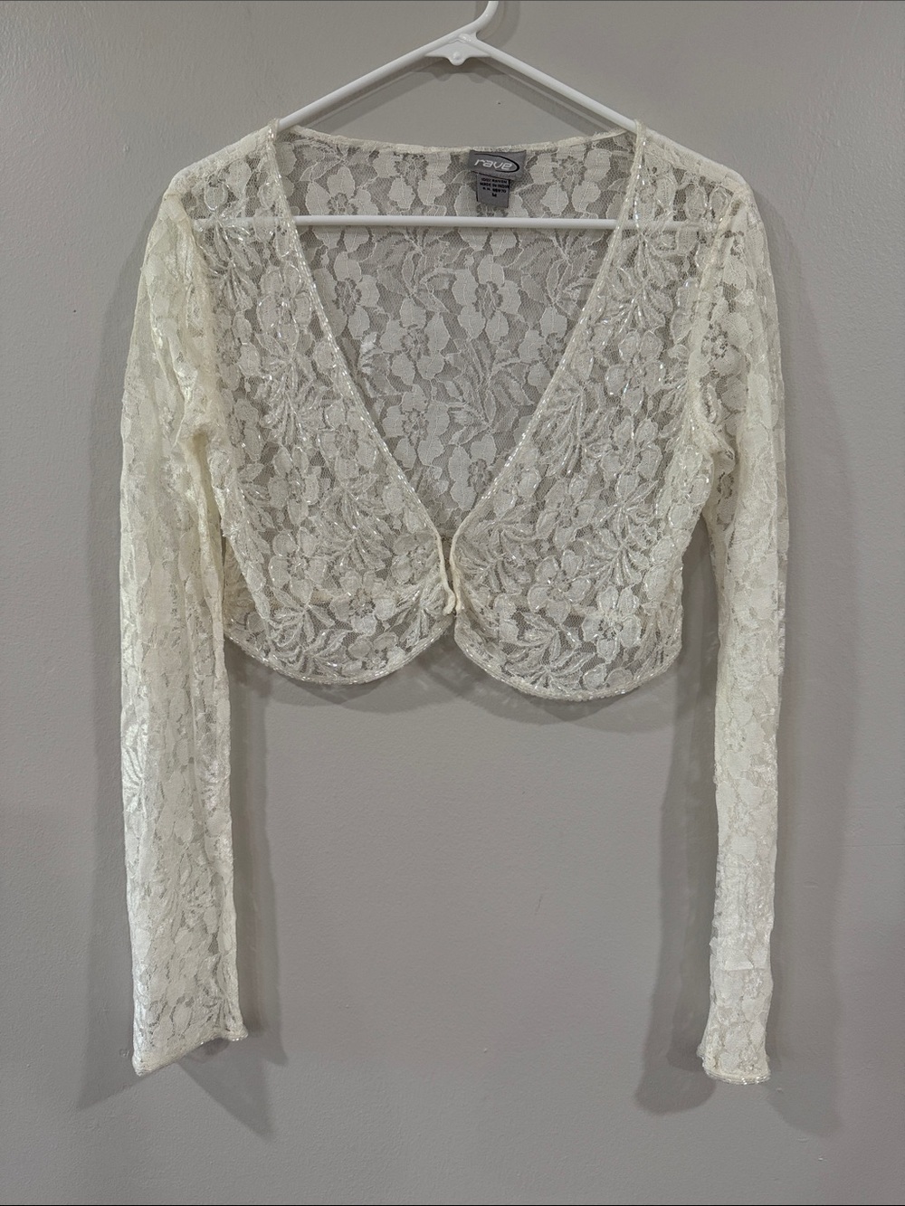 Vintage Y2K Rave ivory White Lace beaded Cropped long sleeve whimsical fairy
